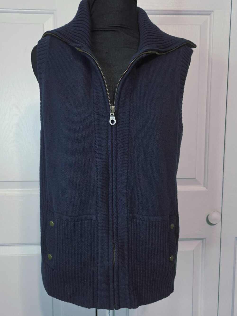 Christopher & Banks Navy Blue 100% Cotton Zip Up Sweater Vest Sz L Ribbed